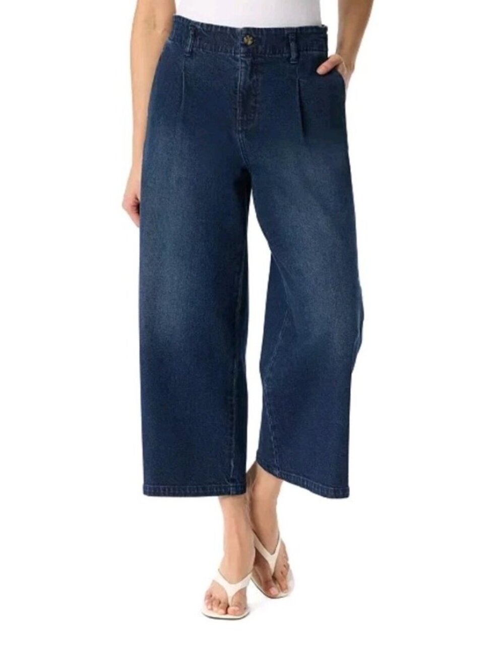 New Gloria Vanderbilt Boho Pleated High Rise Wide Leg Crop Jeans 14 Dark Wash